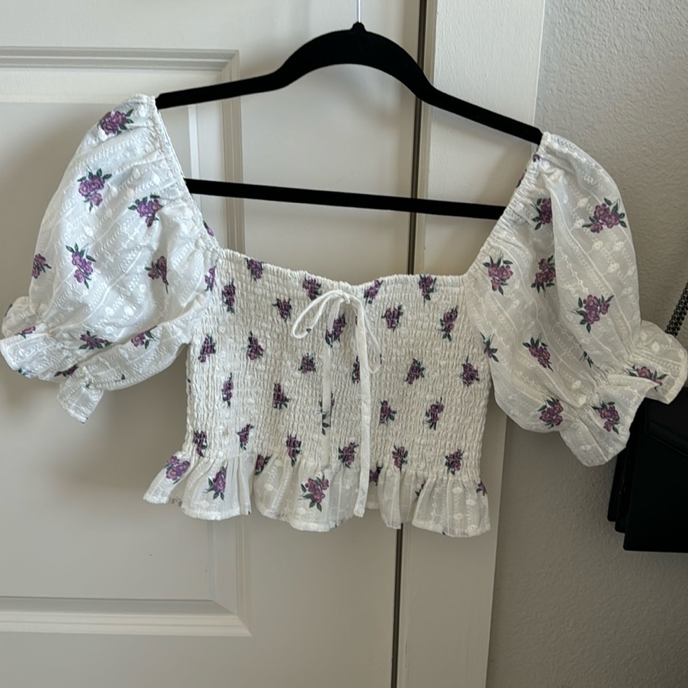 White crop top with purple flowers